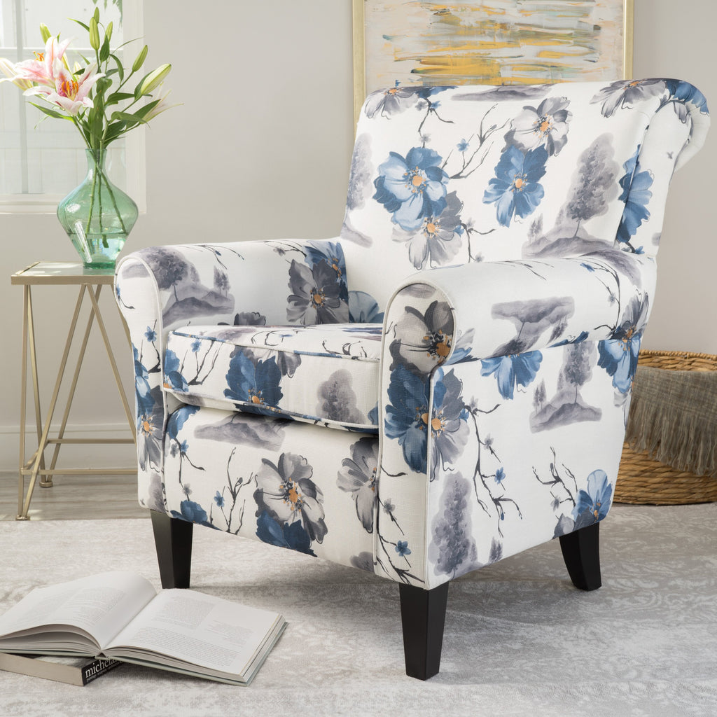 blue and white club chair