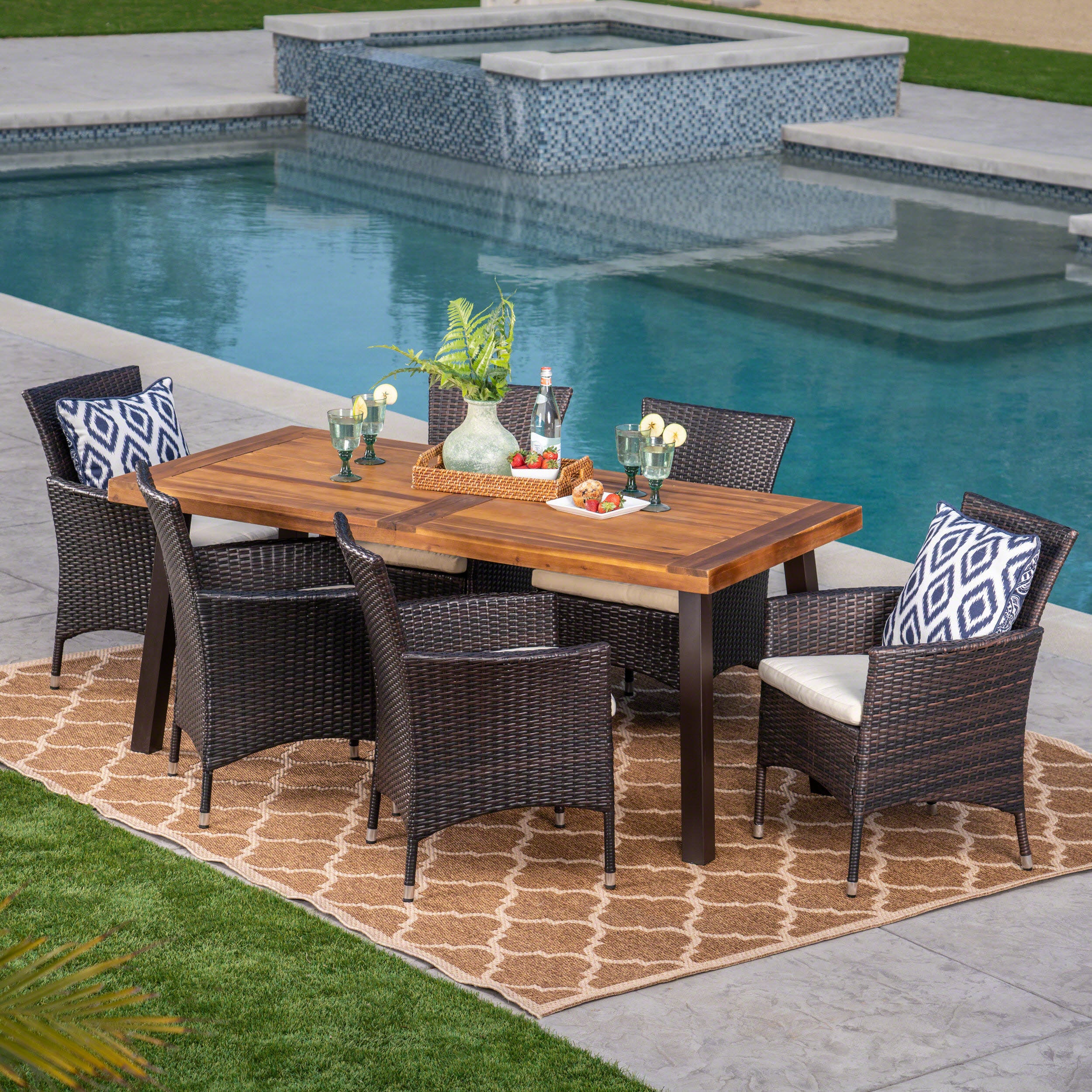 Outdoor 7 Piece Acacia Wood/ Wicker Dining Set with Cushions, Teak Fin