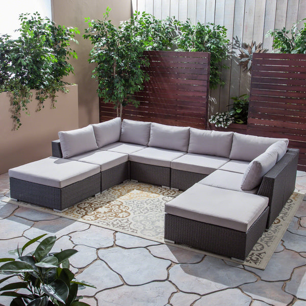 Outdoor 6 Seater Wicker Sofa Set with Aluminum Frame and Cushions, Gre