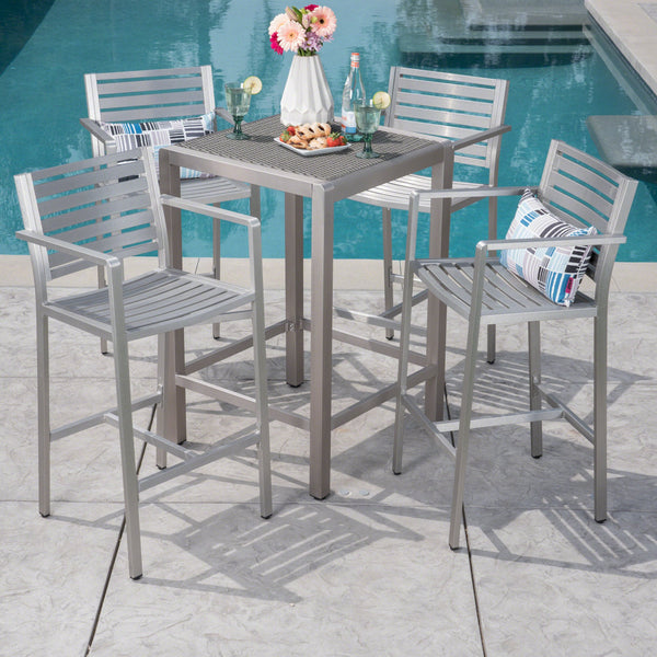 Outdoor 5 Piece Silver Rust-Proof Aluminum Bar Set with Grey Wicker To