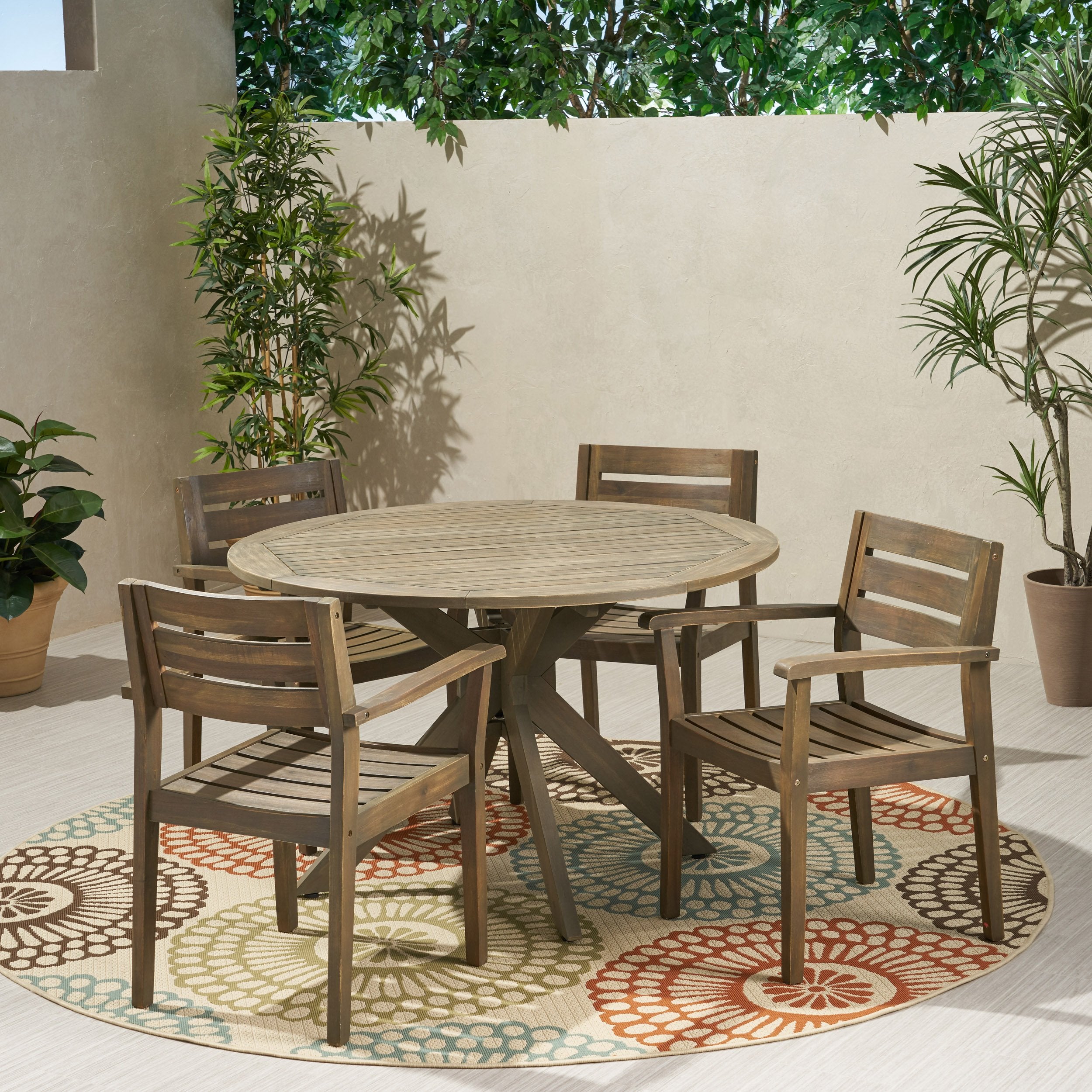 Outdoor 5 Piece Acacia Wood Dining Set With Round Table Gray Finish