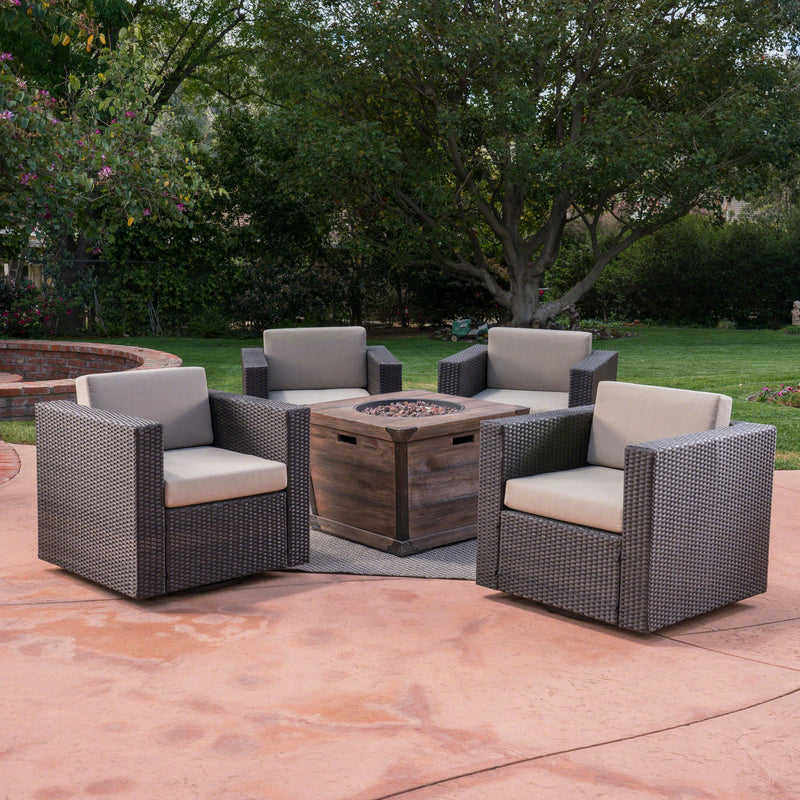 Outdoor 5 Piece Wicker Swivel Club Chair and Fire Pit Set, Dark Brown with Beige and Brown - NH153403