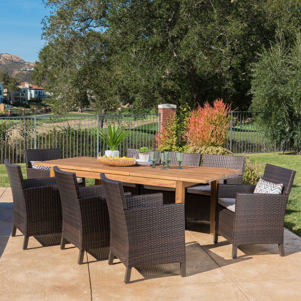 Outdoor 9 Piece Multibrown Wicker Dining Set with Teak Finished Acacia