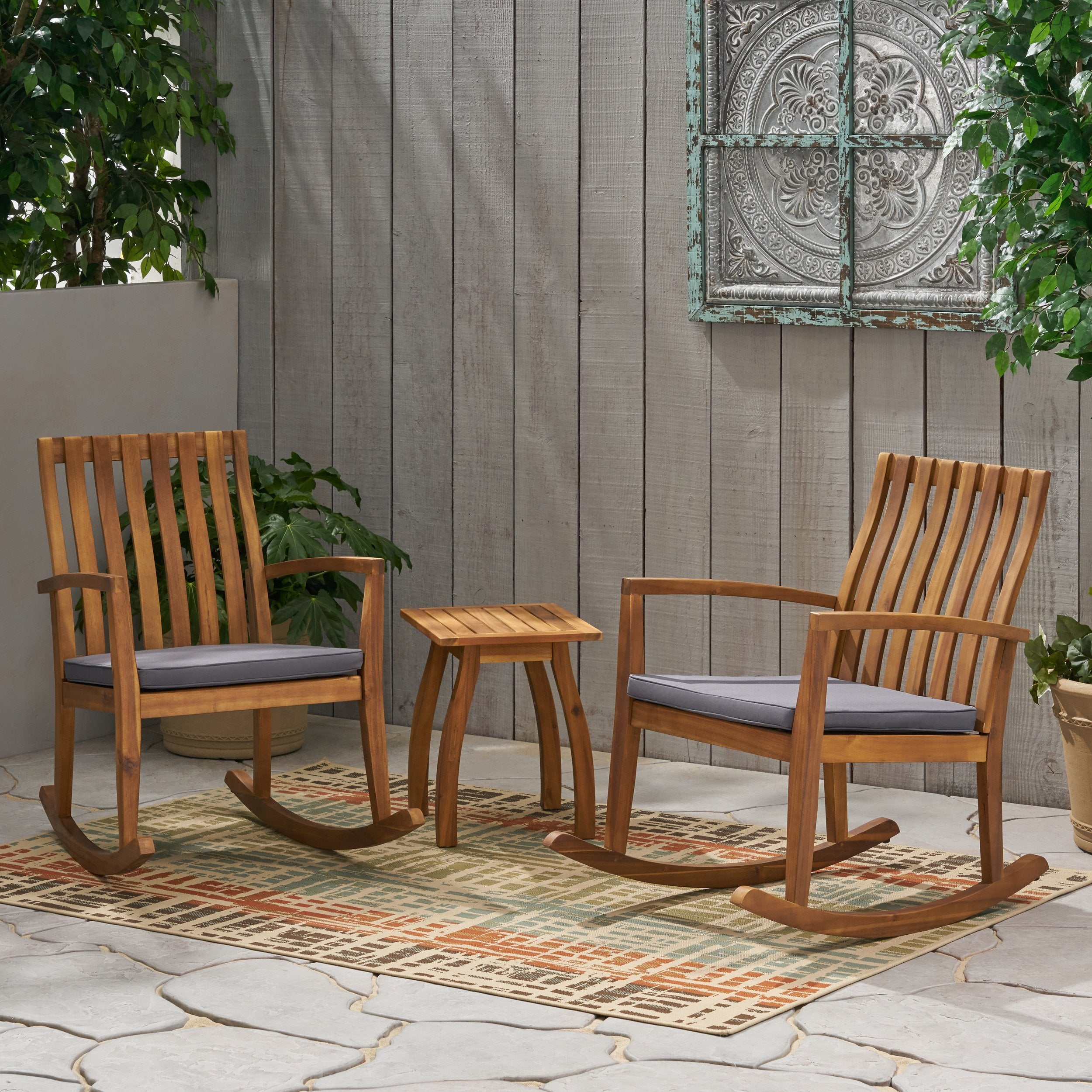 Outdoor 2 Seater Rocking Chair Set with Side Table, Teak and Dark Gray