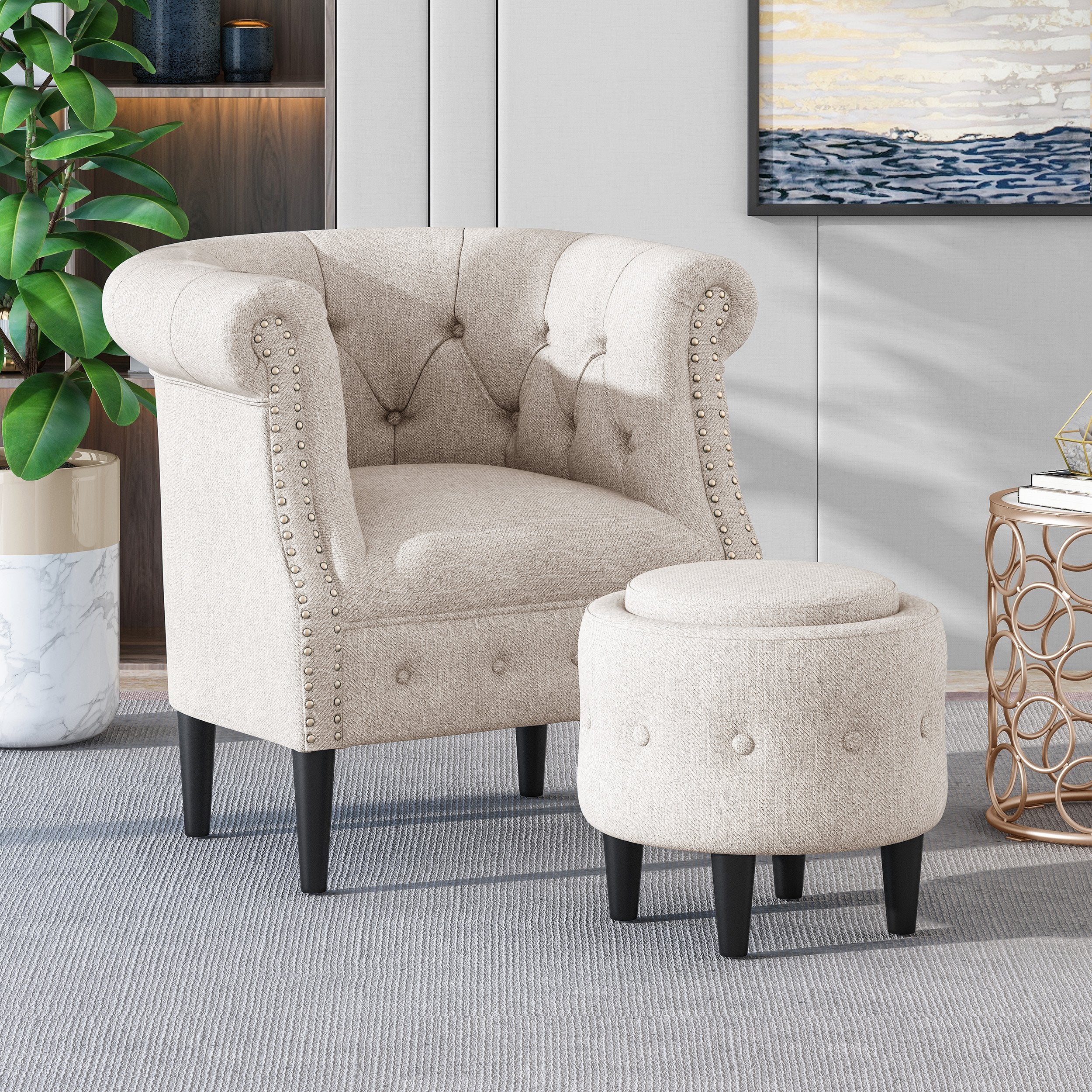 Chesterfield Style Tufted Fabric Accent Chair and Ottoman Set NH6930