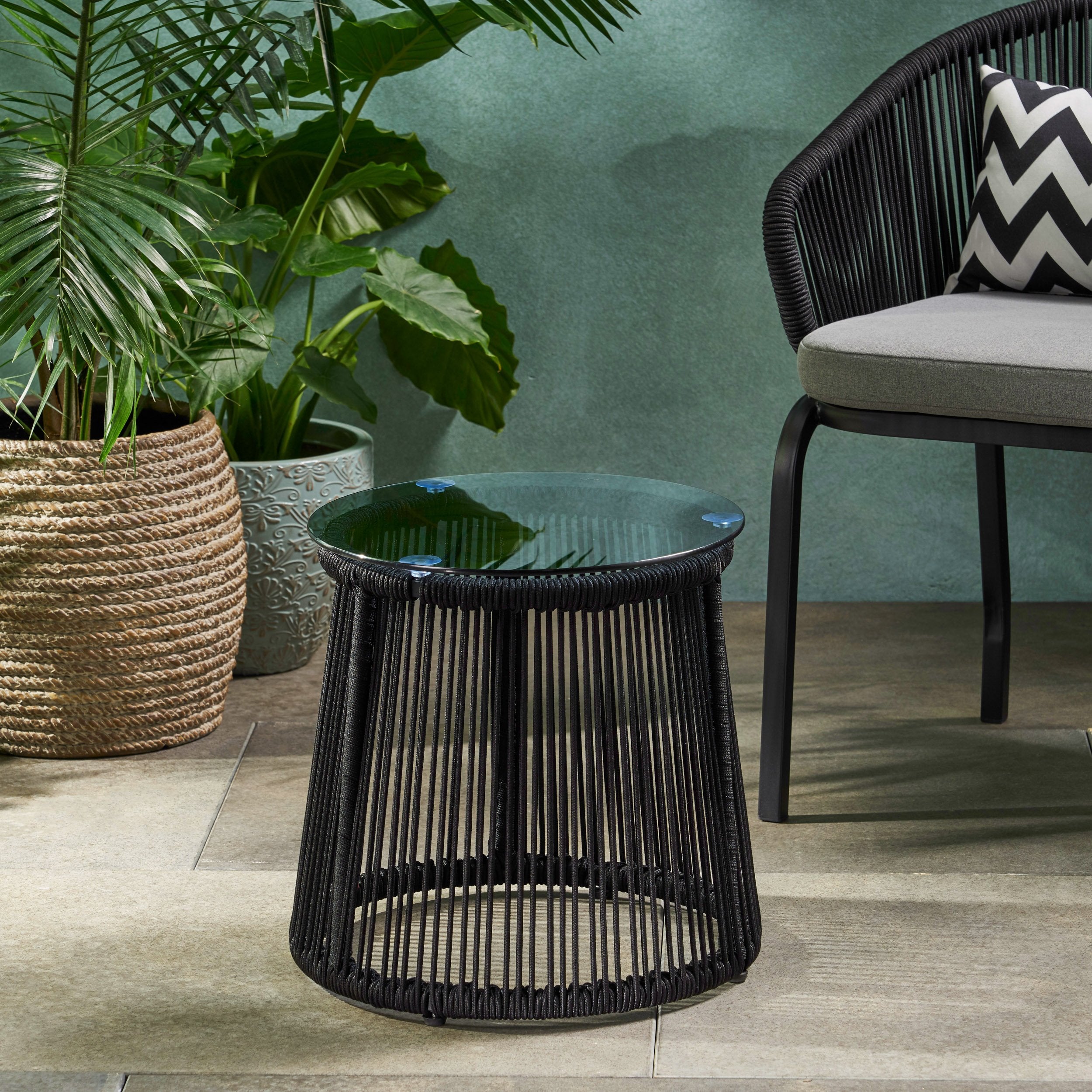 Modern Outdoor Rope Weave Side Table with Tempered Glass Top