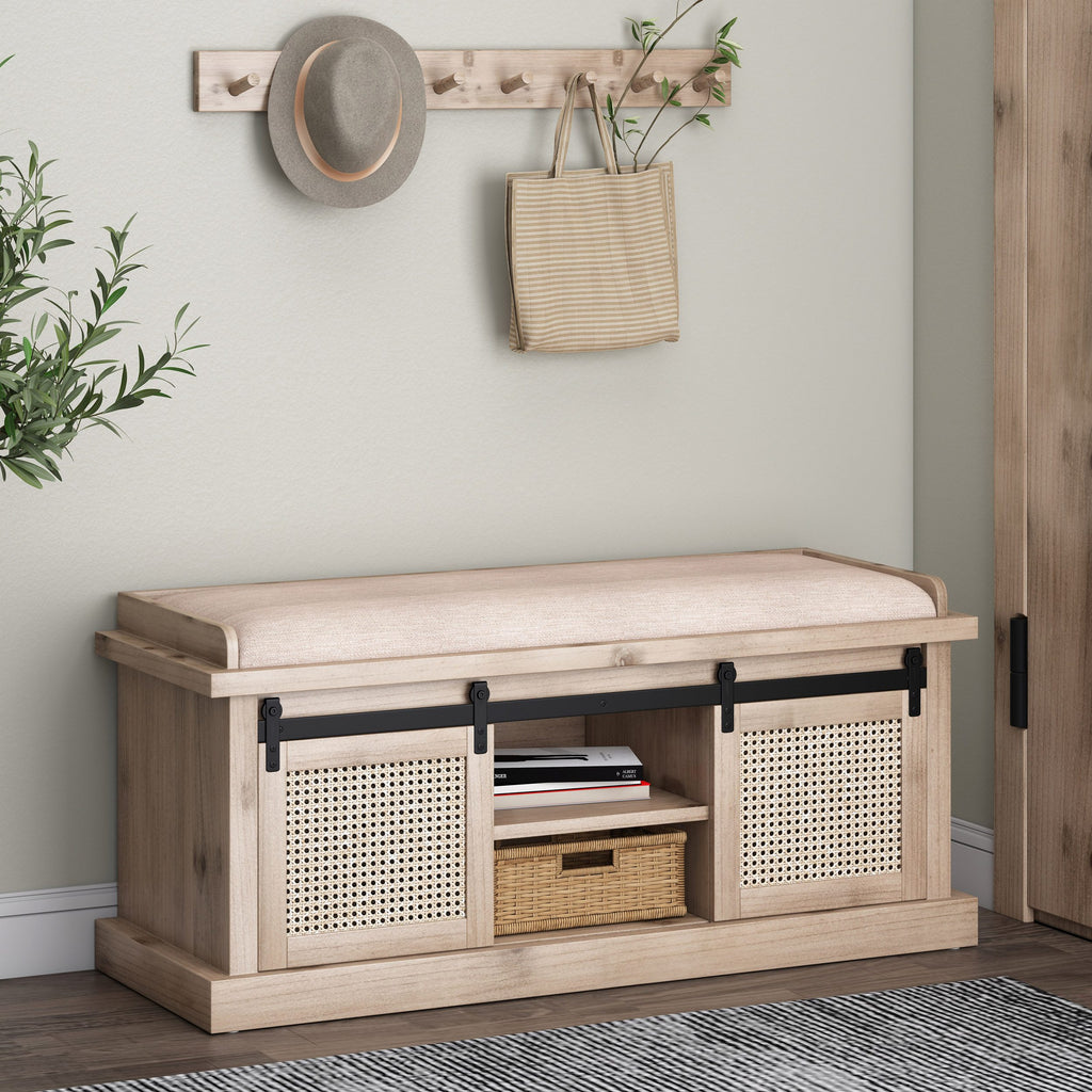 Rustic Storage Bench with Cushion, Beige, Natural, and Black - NH98251 ...