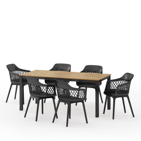 Outdoor Wood and Resin 7 Piece Dining Set, Black and Teak - NH350513