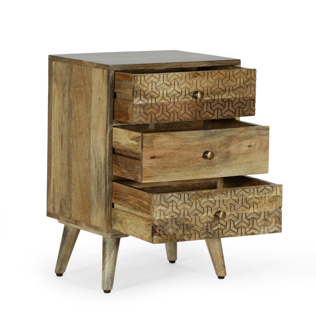 Boho Handcrafted Mango Wood 3 Drawer Nightstand, Natural NH865413