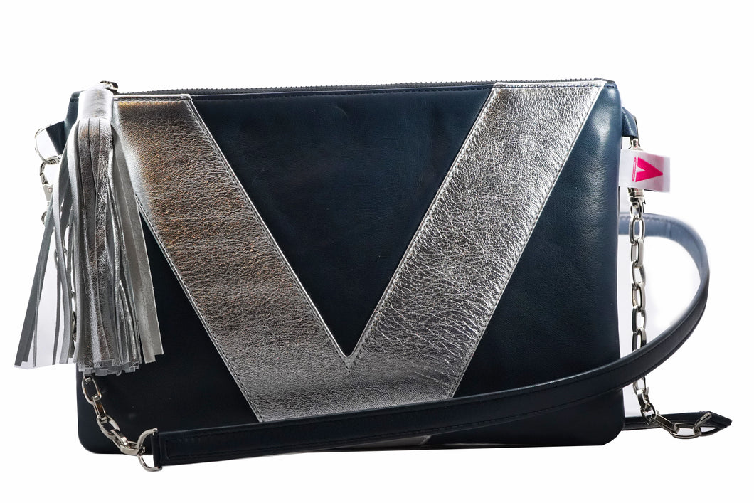 navy and silver clutch