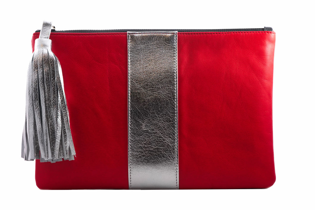 red and silver clutch bag