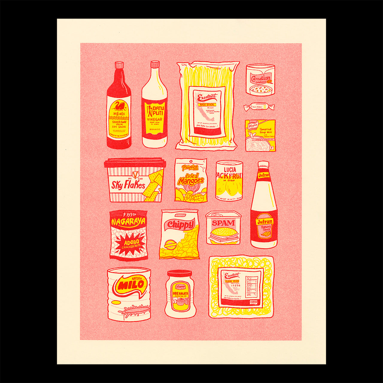 Risograph printed illustration showing common items found in the pantry of a Filipinx home