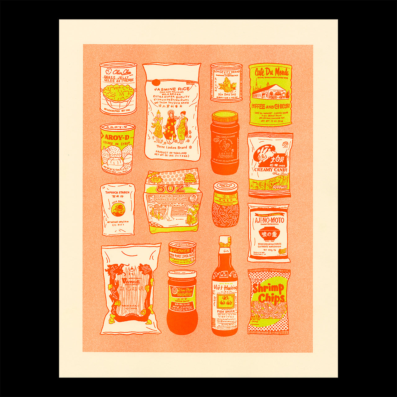 Risograph printed illustration showing common items found in the pantry of a Vietnamese home