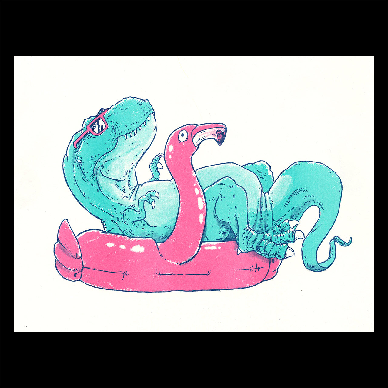 Risograph printed illustration of a t-rex with sunglasses relaxing in an inflatable flamingo pool lounger