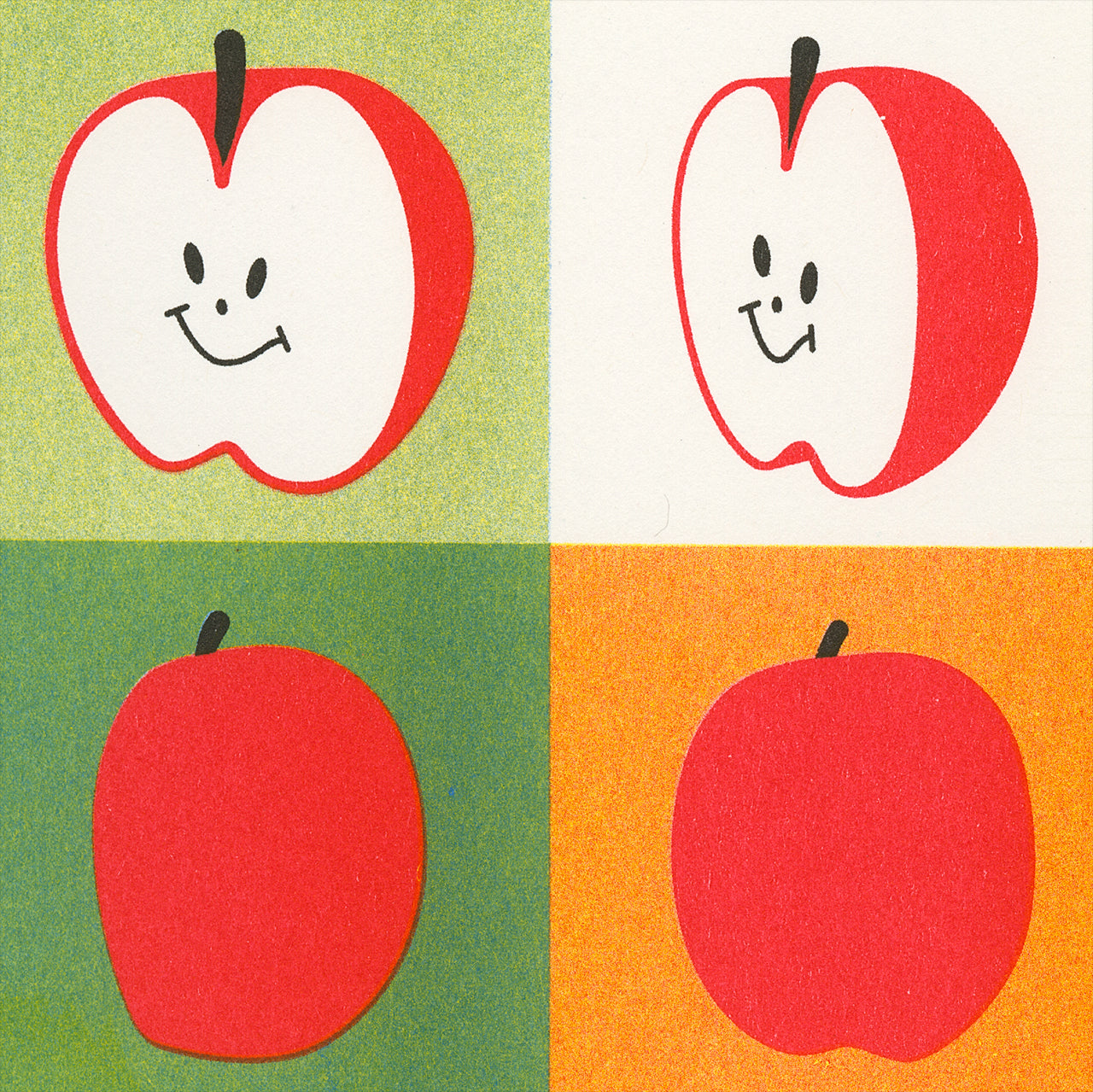 Close up of a square risograph print of an illustration by Craig Miller showing an apple rotating to reveal a smiley face on the inside