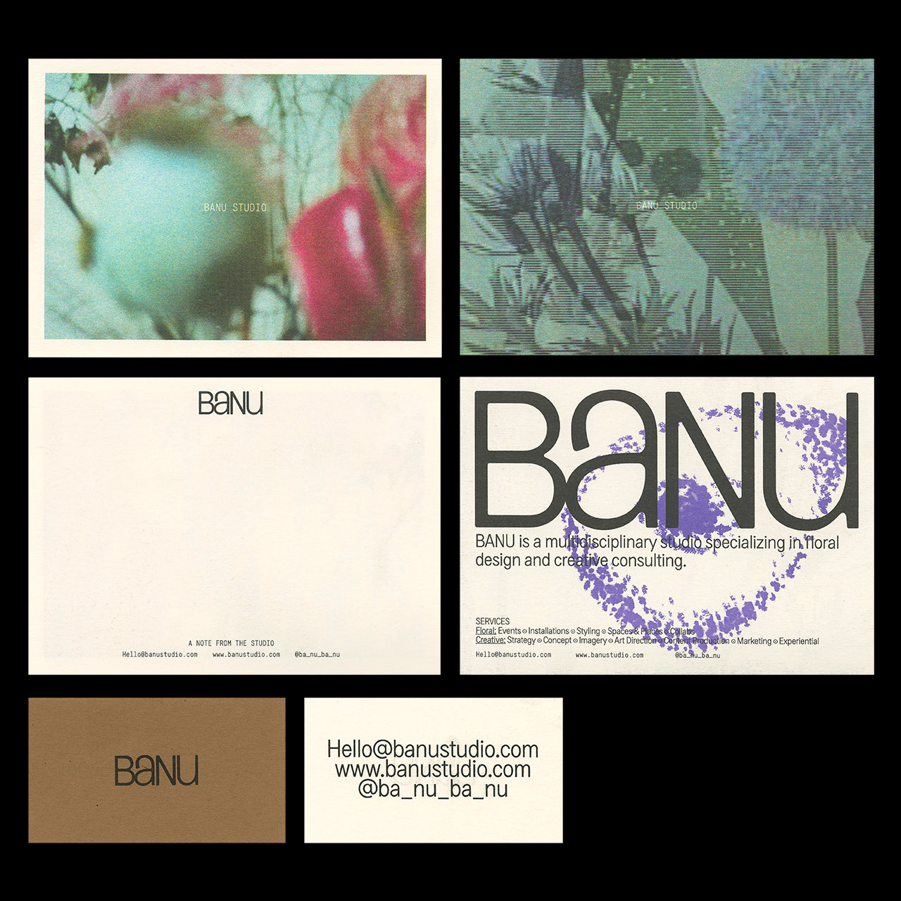 Promo cards, notecards, and business cards for Banu Studio featuring blurry artistic photography of flowers