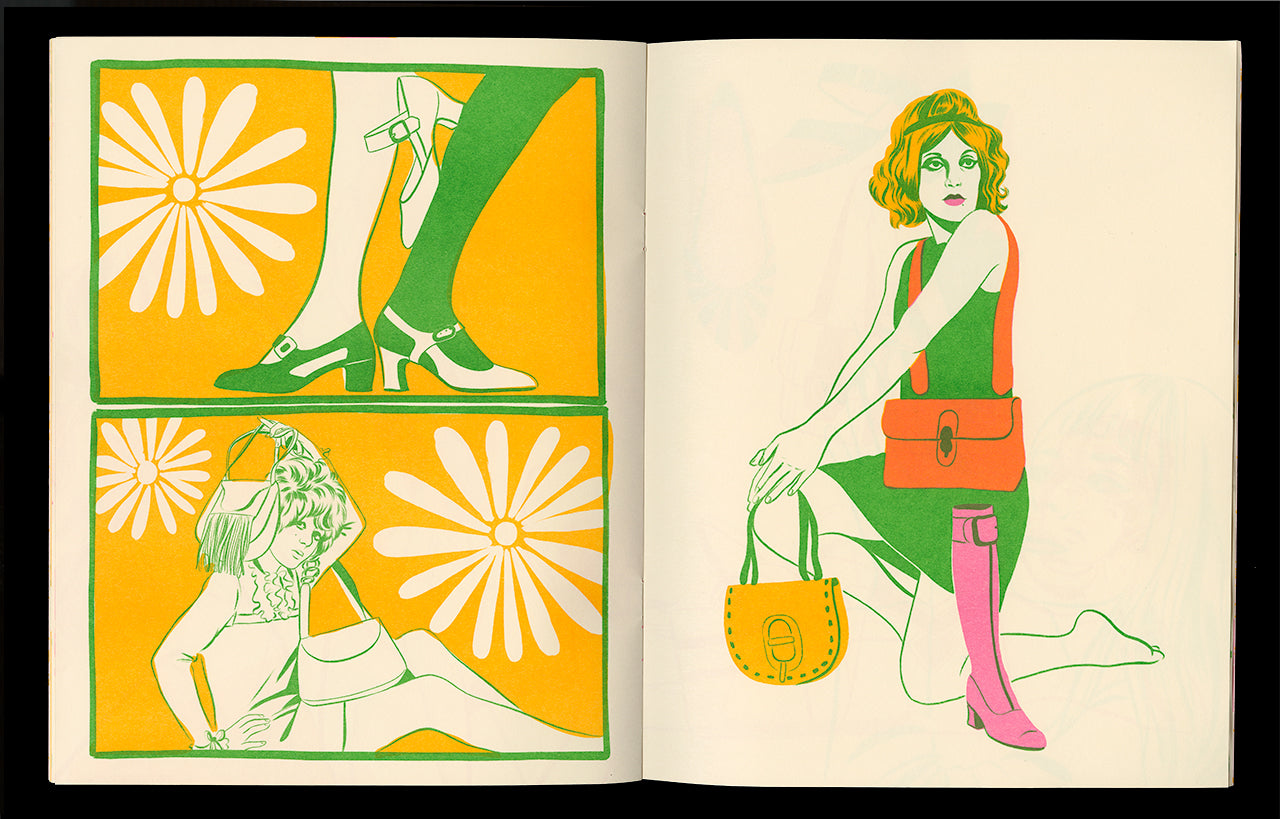 Interior spread of the artist book Too Much? by Bijou Karman featuring several women posing with shoes and purses