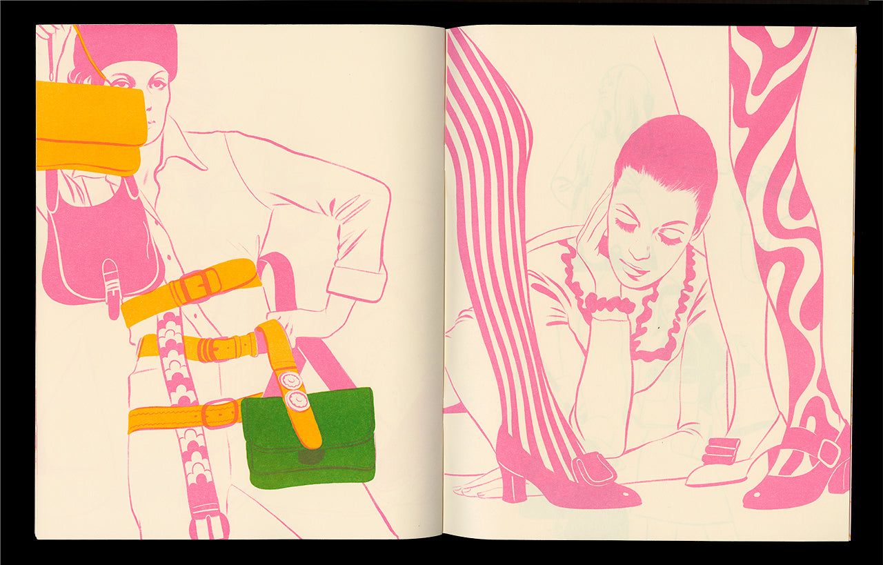 Interior spread of the artist book Too Much? by Bijou Karman featuring illustrations of several women posing with shoes and purses