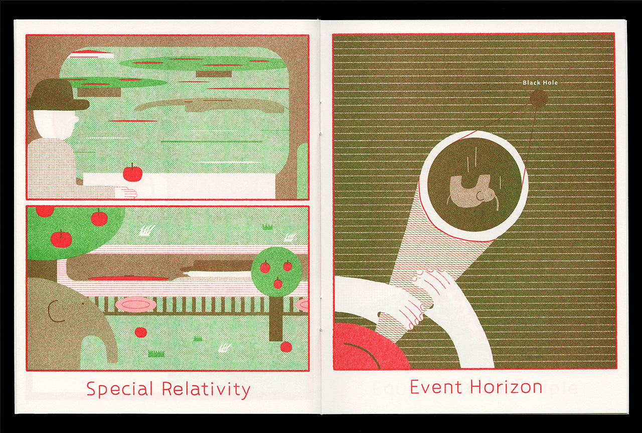Interior spread of Jam Dong's risograph printed Physics zine