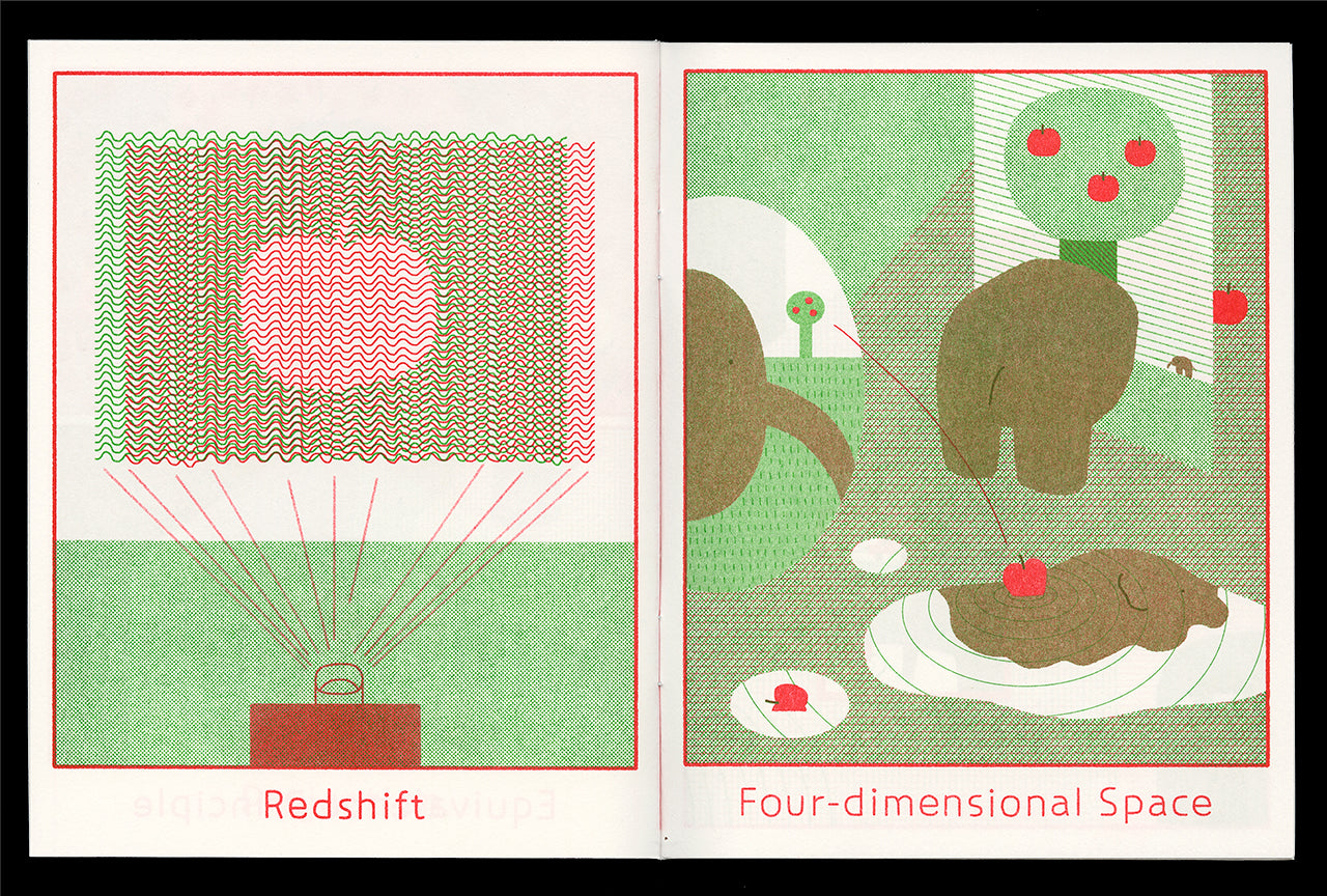 Interior spread of Jam Dong's risograph printed Physics zine