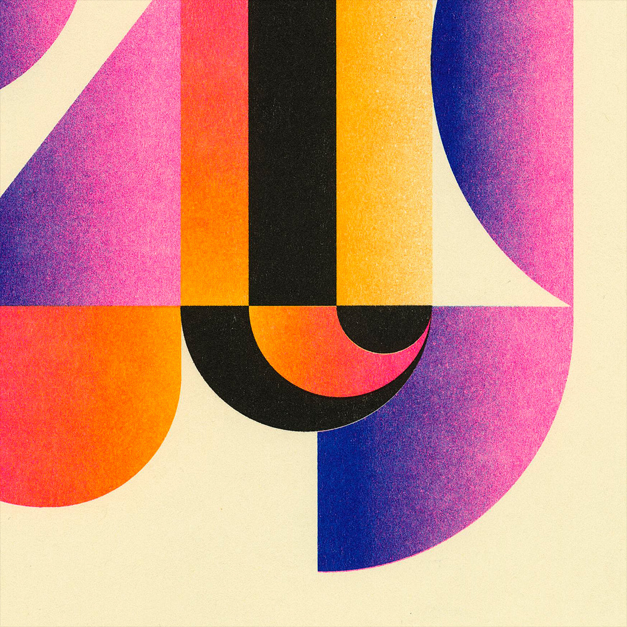 Upclose detail of a Riso print by Jessie and Katey with geometric shapes