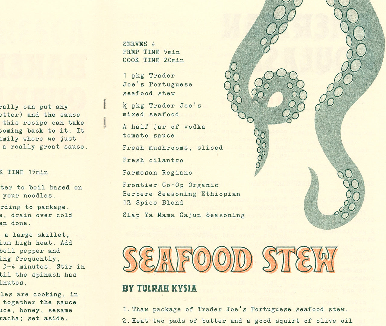 Close up from Quarantine Cookbook showing octopus tentacles and the title of a recipe: "Seafood Stew"