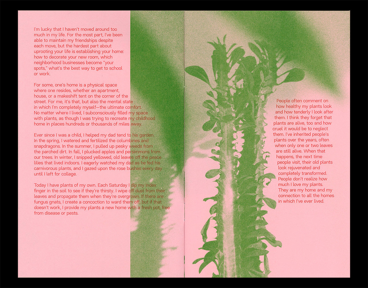 Interior spread of Nicole M. Doan's Portraits of Home showing plants printed in kelly green and text printed in scarlet Riso ink on a pink paper background.
