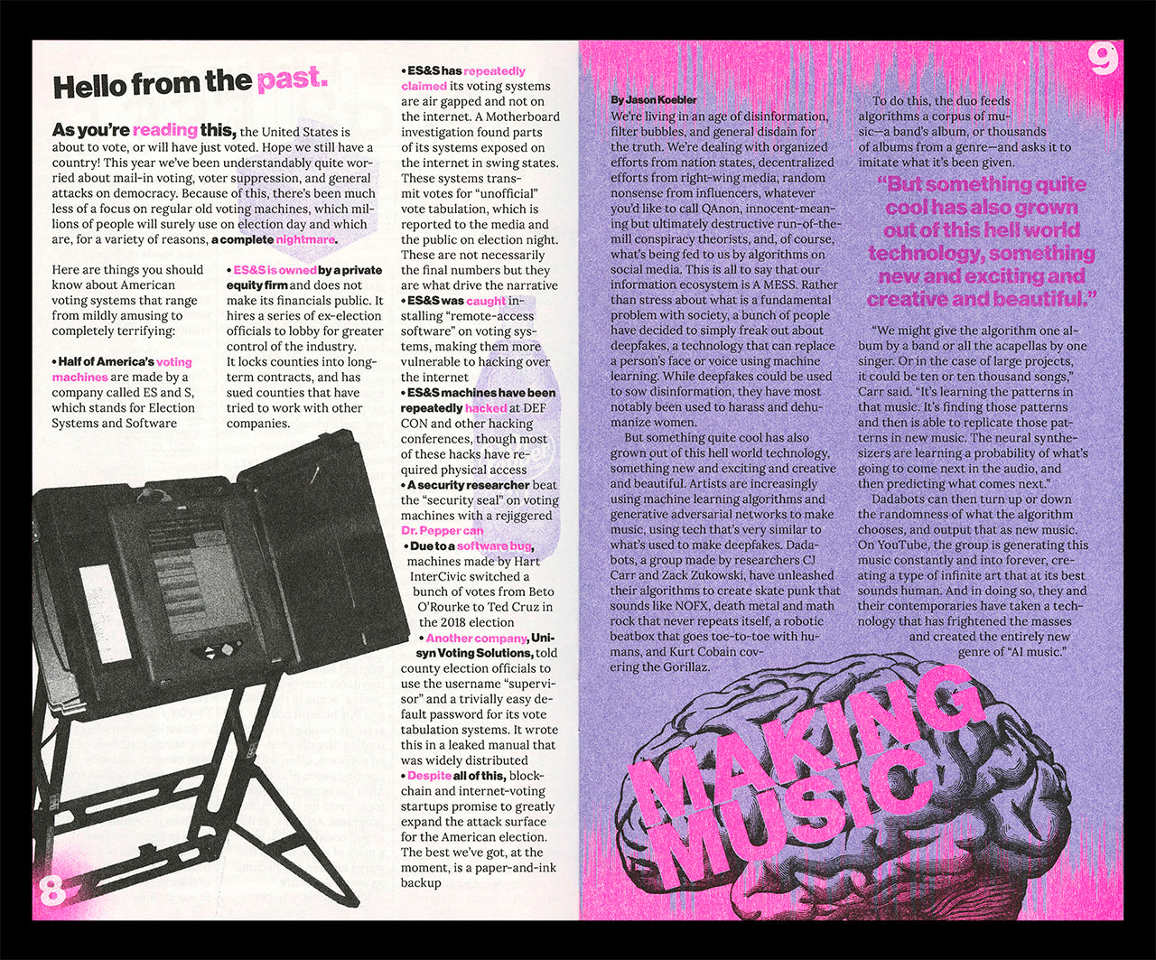 Interior spread of Motherboard's zine "The Mail" featuring an article titled "Hello from the Past"