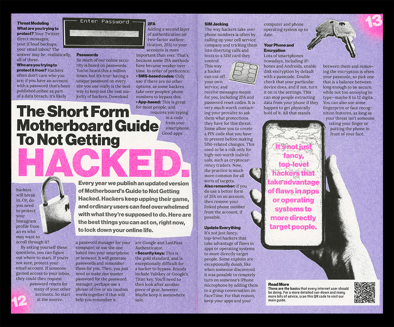 Interior spread of Motherboard's zine "The Mail" featuring an article titled "The Short Form Motherboard Guide to Not Getting Hacked"