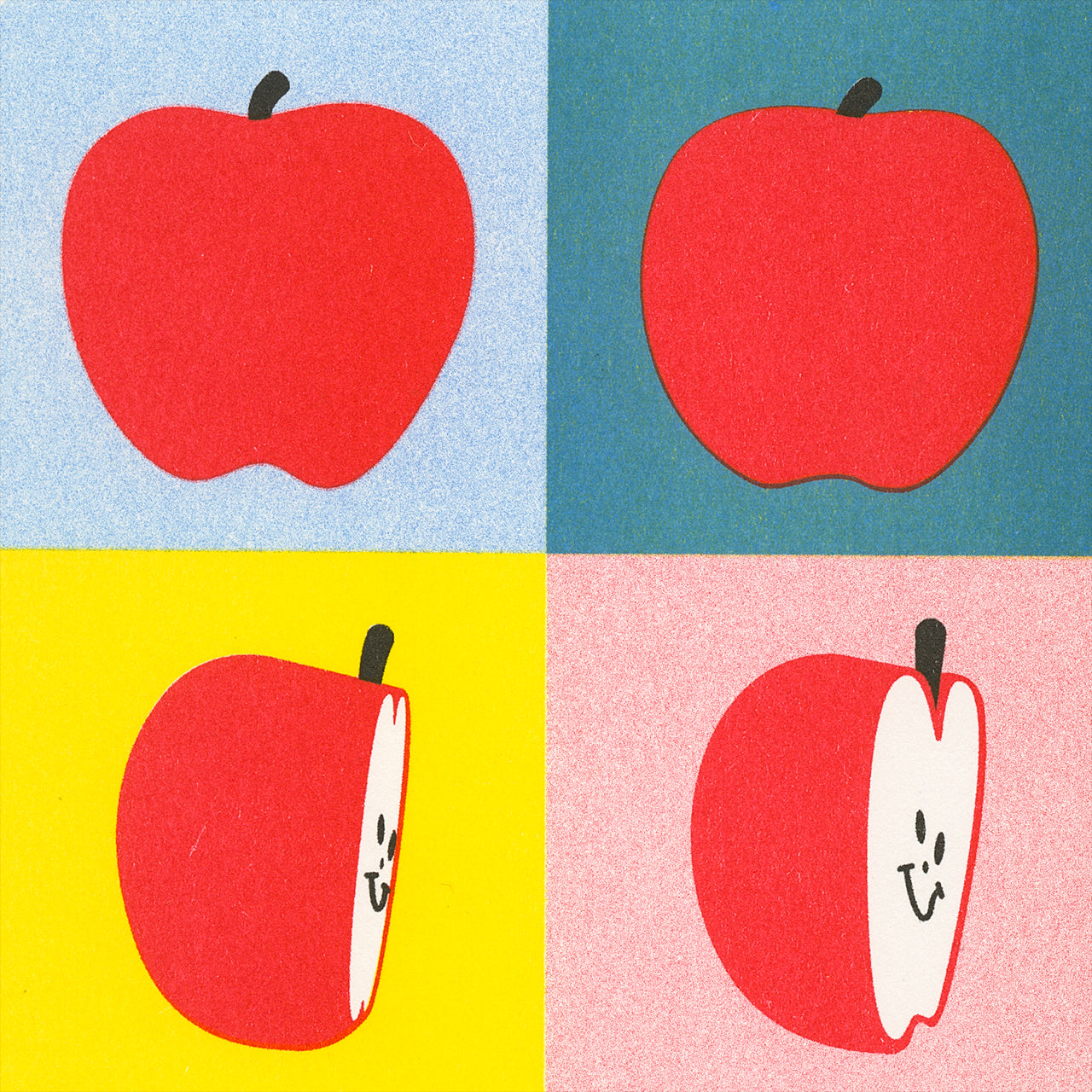 Close up of a square risograph print of an illustration by Craig Miller showing an apple rotating to reveal a smiley face on the inside