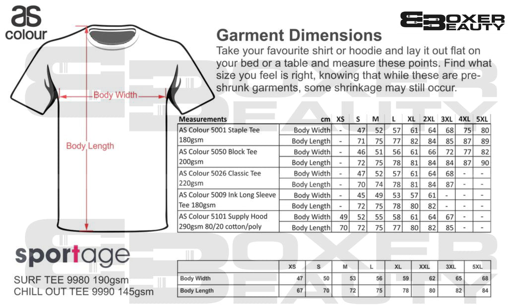 Boxer Beauty men's ASColour and Sportage sizing Style conversion chart