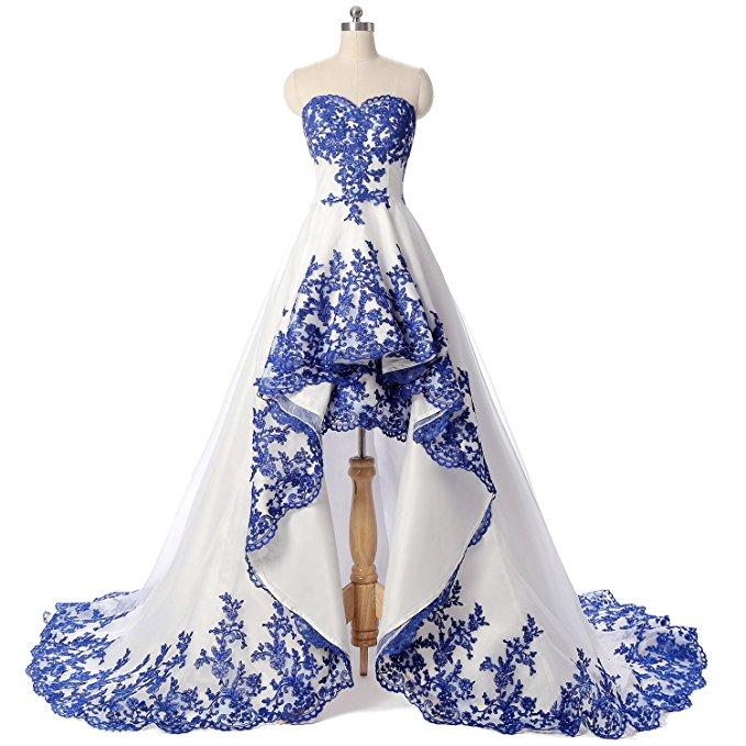 blue and white ball gown