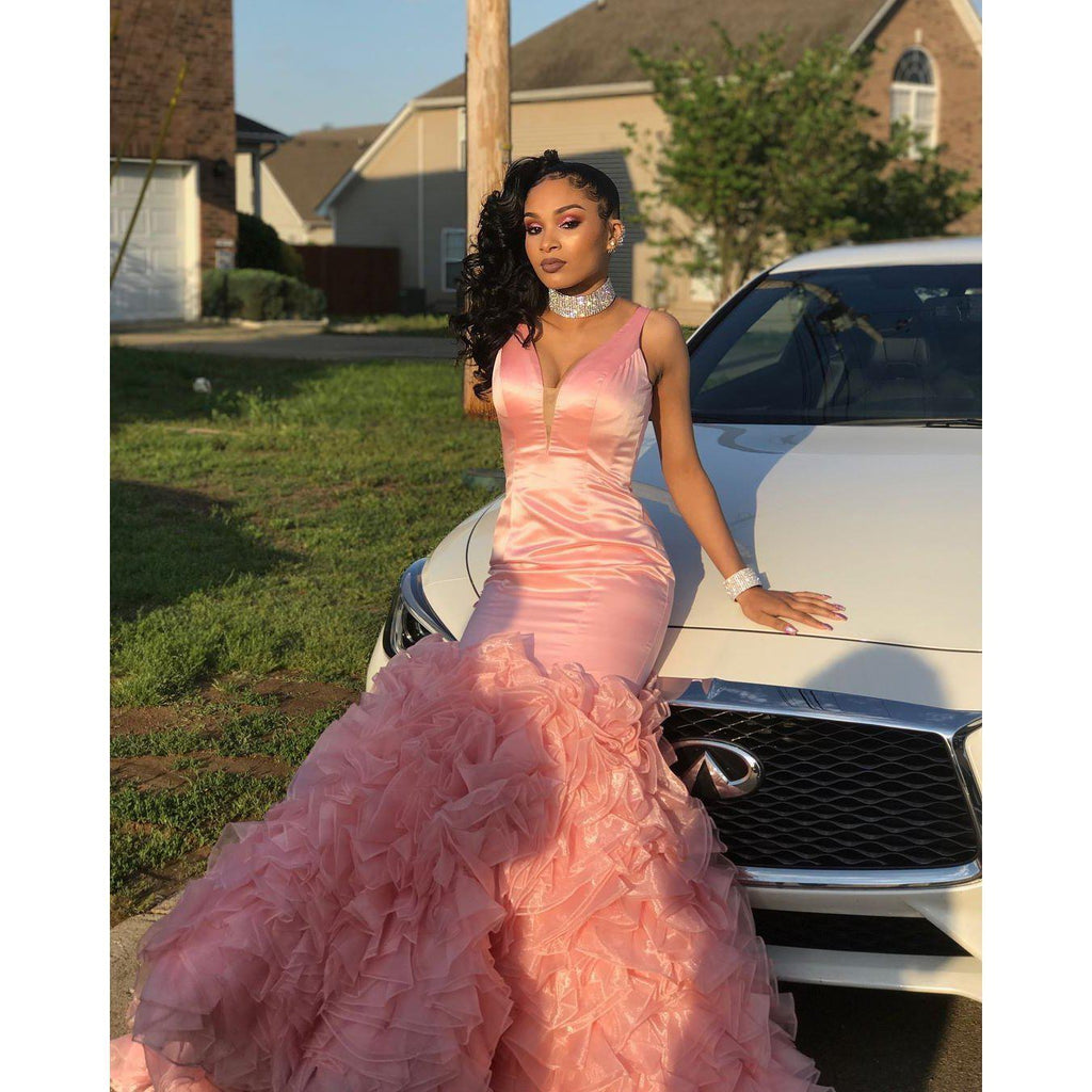 Pink Long Prom Dresses 2019 Mermaid V 