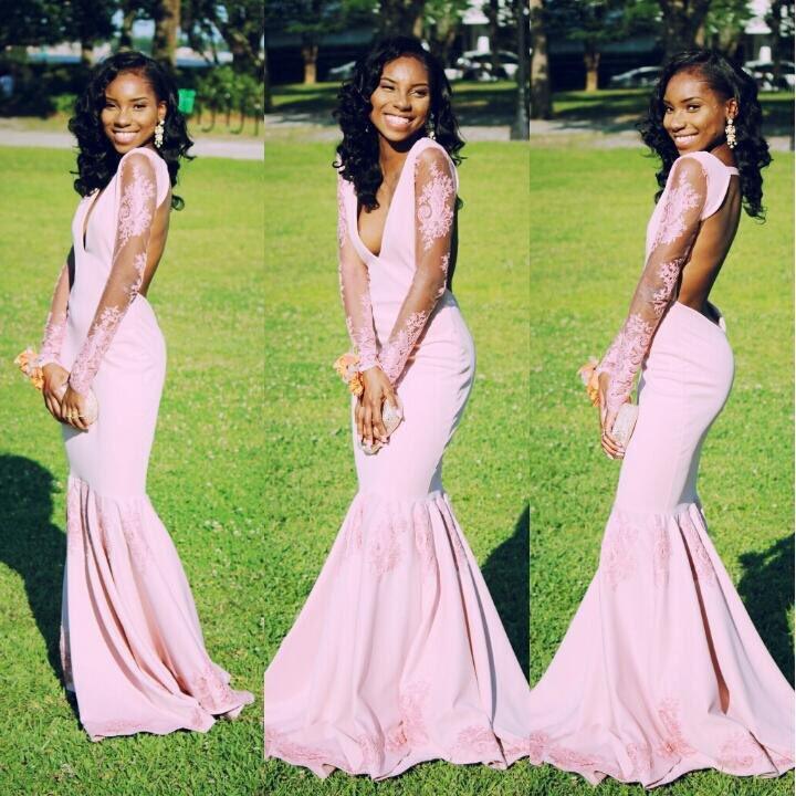 Pink Long Sleeves Mermaid Prom Dresses 2019 V Neck African Sexy
