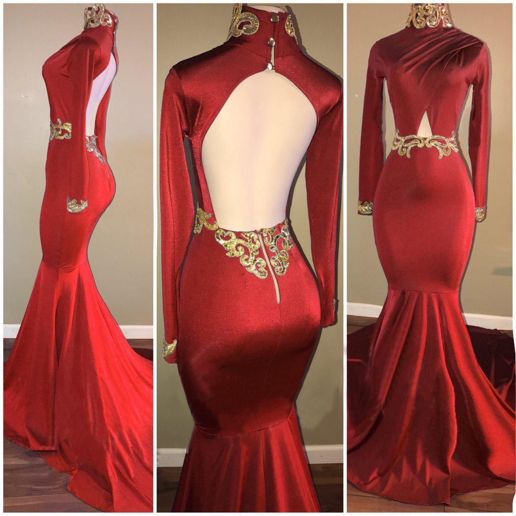 Red Long Prom Dresses 2019 Mermaid Long Sleeves Open Back