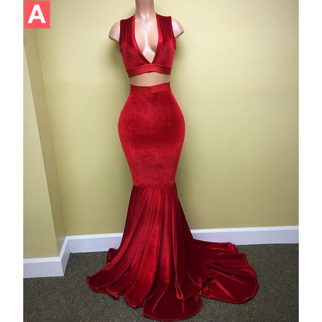 Red Long Prom Dresses 2019 V Neck Sleeveless Two Piece Mermaid