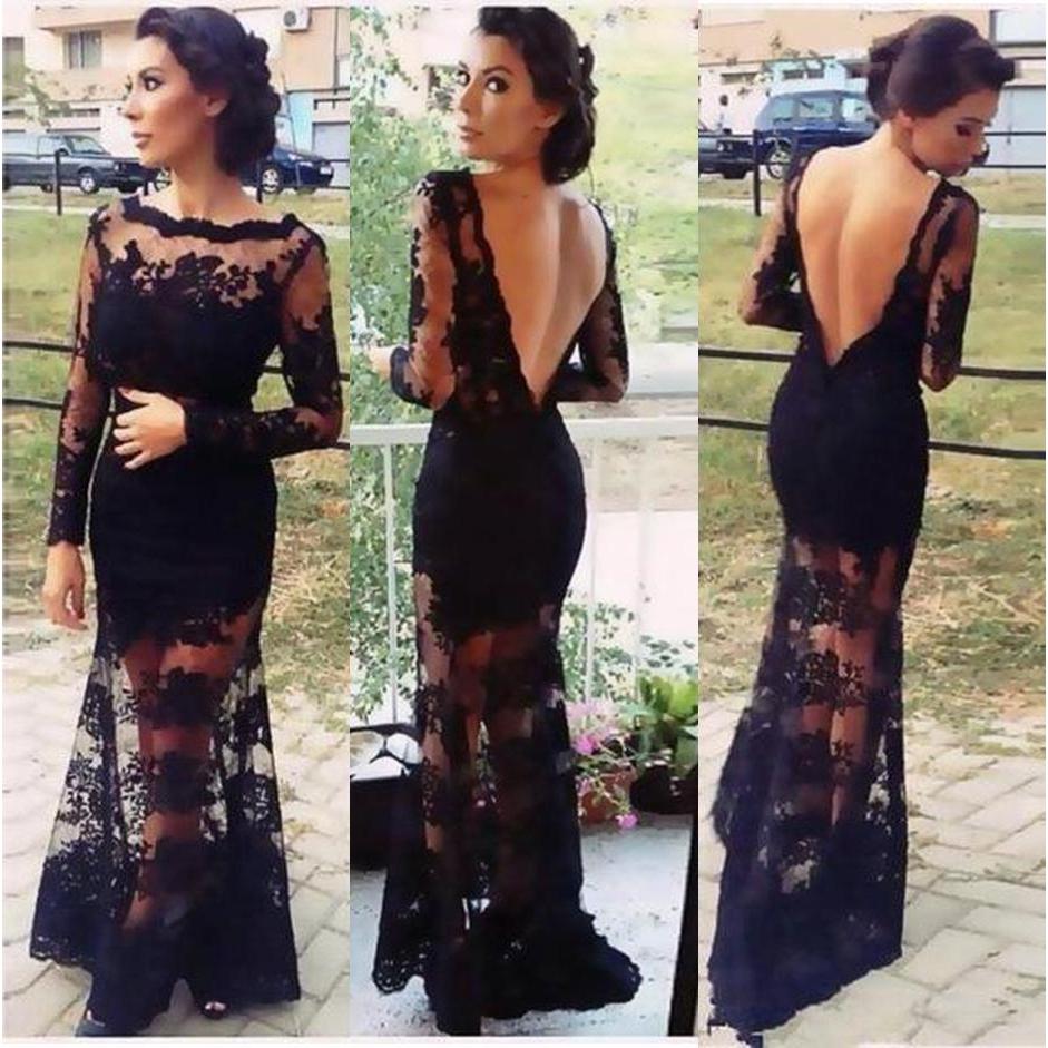 long sleeve backless evening dress