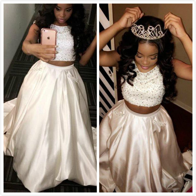 White Pearls Sleeveless Satin Two Piece Prom Dresses 2019 African