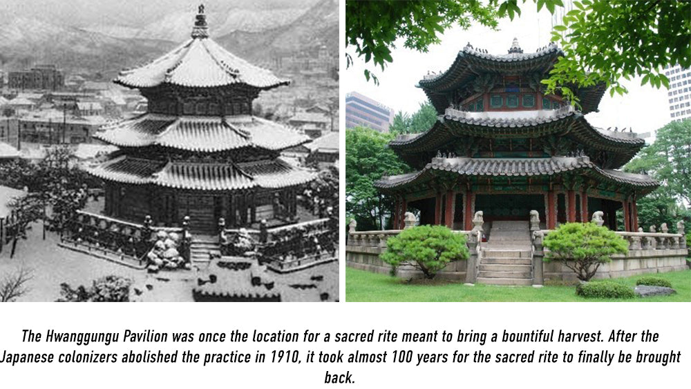 The Hwanggungu Pavilion was once the location for a sacred rite meant to bring a bountiful harvest. After the Japanese colonizers abolished the practice in 1910, it took almost 100 years for the sacred rite to finally be brought back.