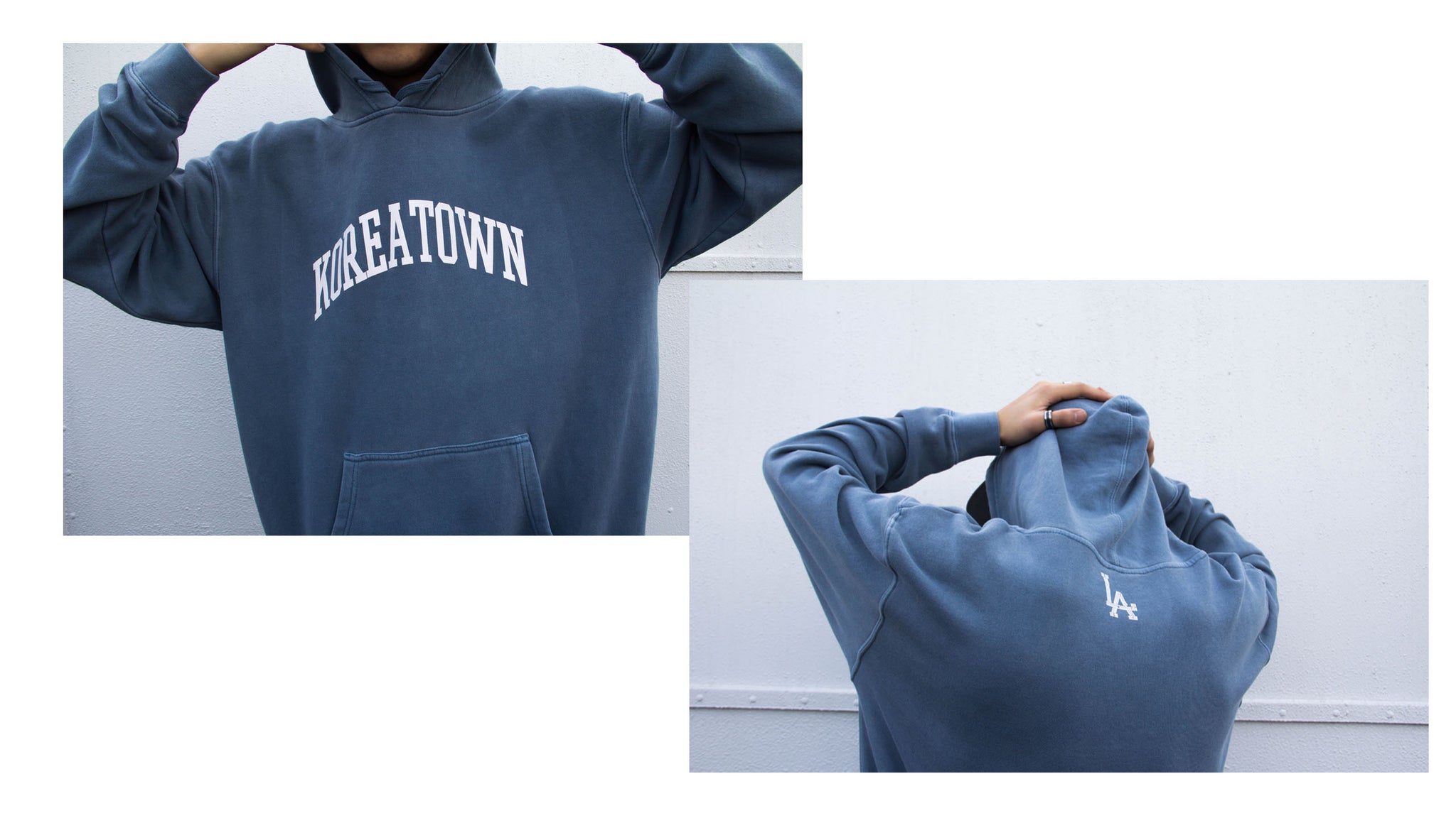 Front and back side of KOREATOWN washed slate hoodie from KORELIMITED.