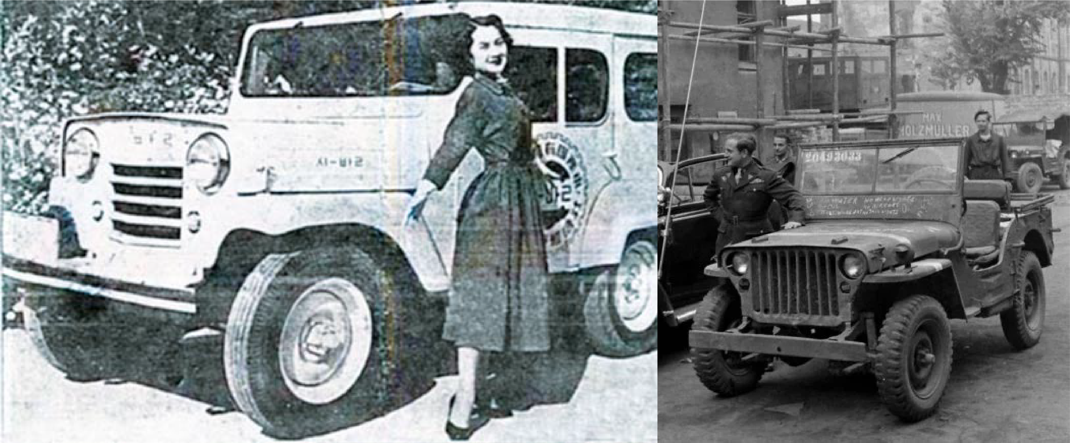 Korea's first car Sibal on the left and Willys Jeep on the right