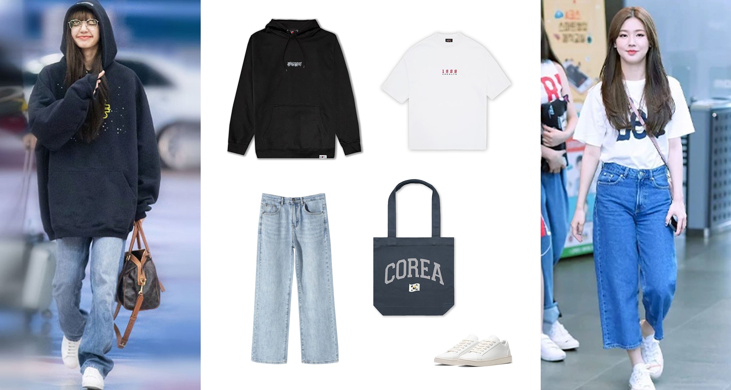 Kpop idol airport fashion with Blackpink Lisa outfit inspo KORE Limited hoodie