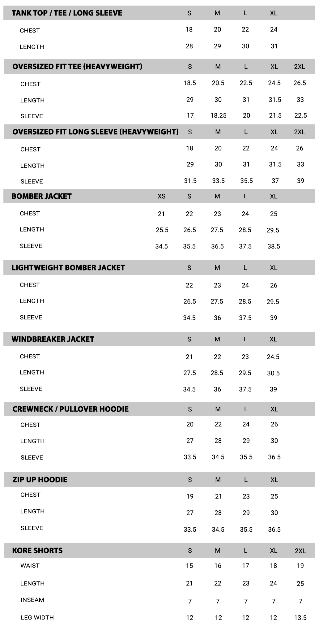 Size Chart Korean Culture Clothing KORELIMITED