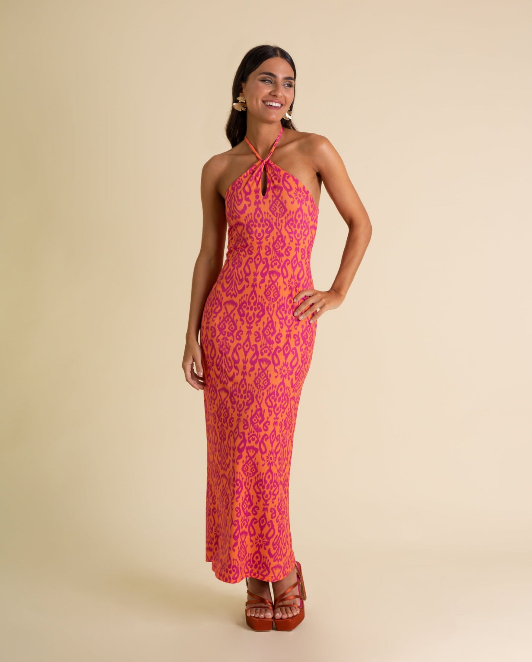 Printed Midi Dress with Crossover Halter | Guests THE-ARE