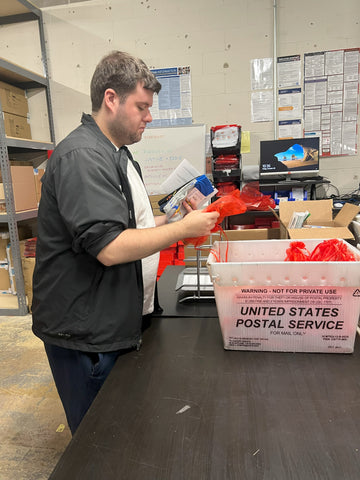 Patrick checking his sock order