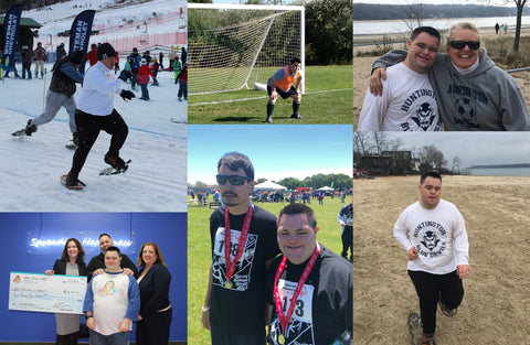 A collage of photos of John in the Special Olympics