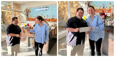 Two picture collage of John Cronin from John's Crazy Socks handing a donation check to Megan from ACDS