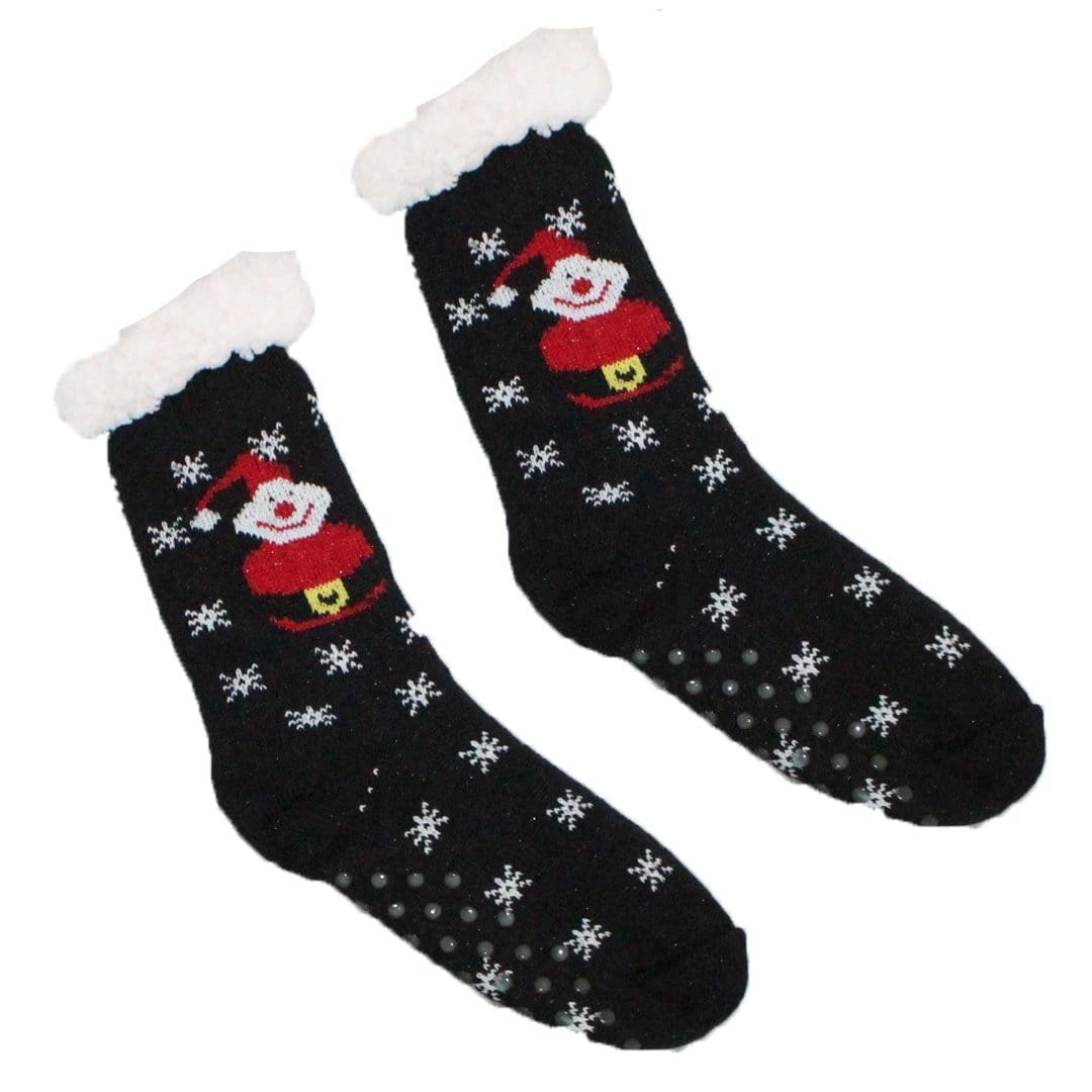 Sherpa Santa Snowflake Slipper Socks Non-Skid Slippers Black