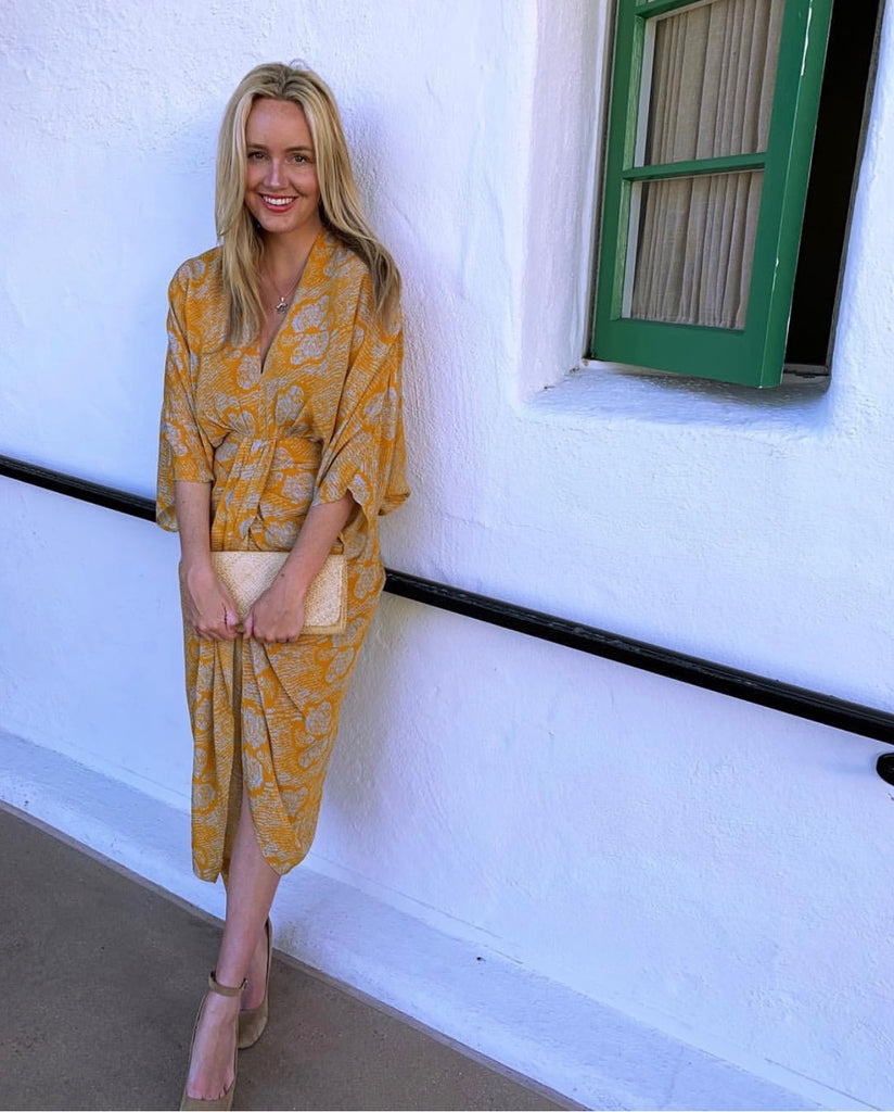 mustard kimono dress