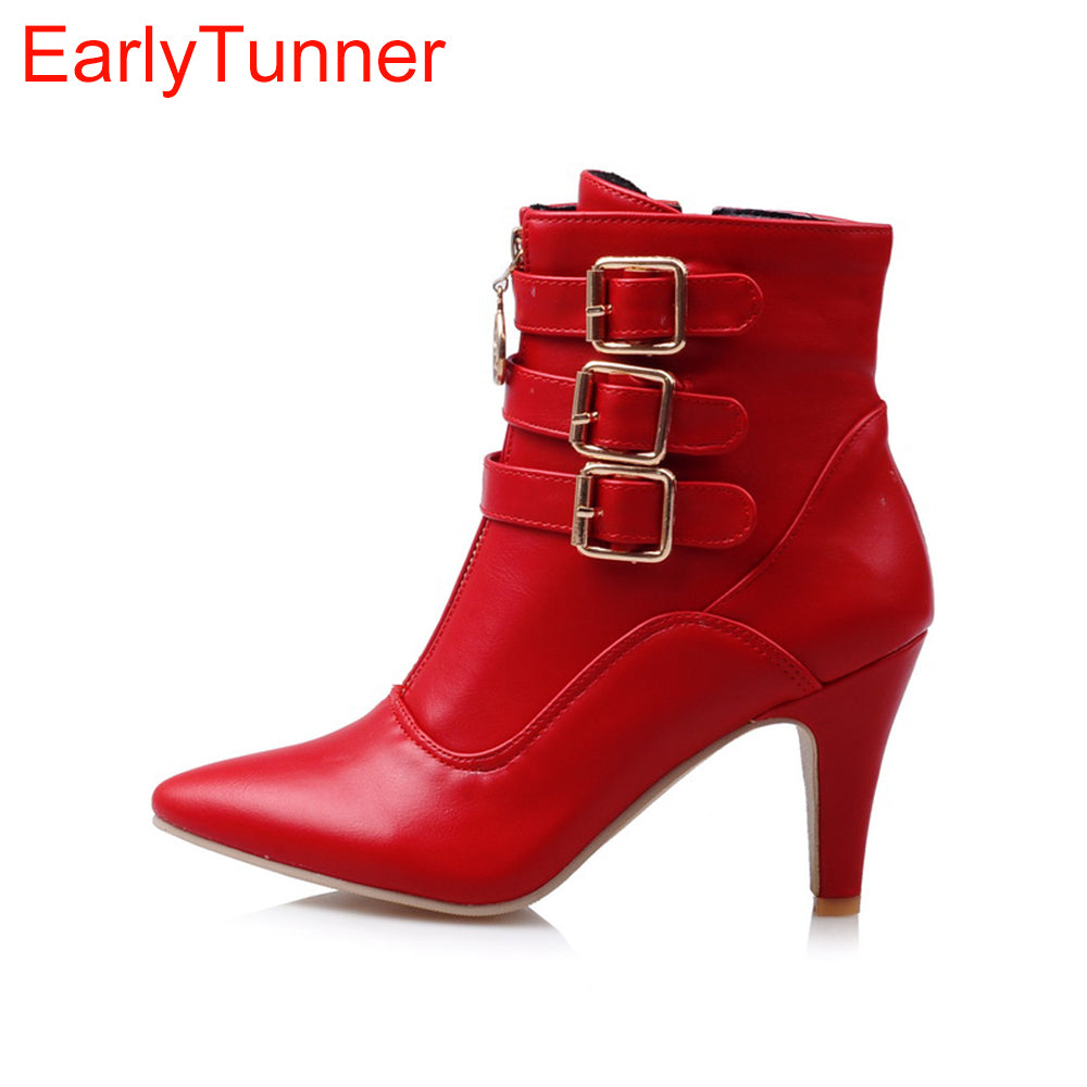 red buckle ankle boots